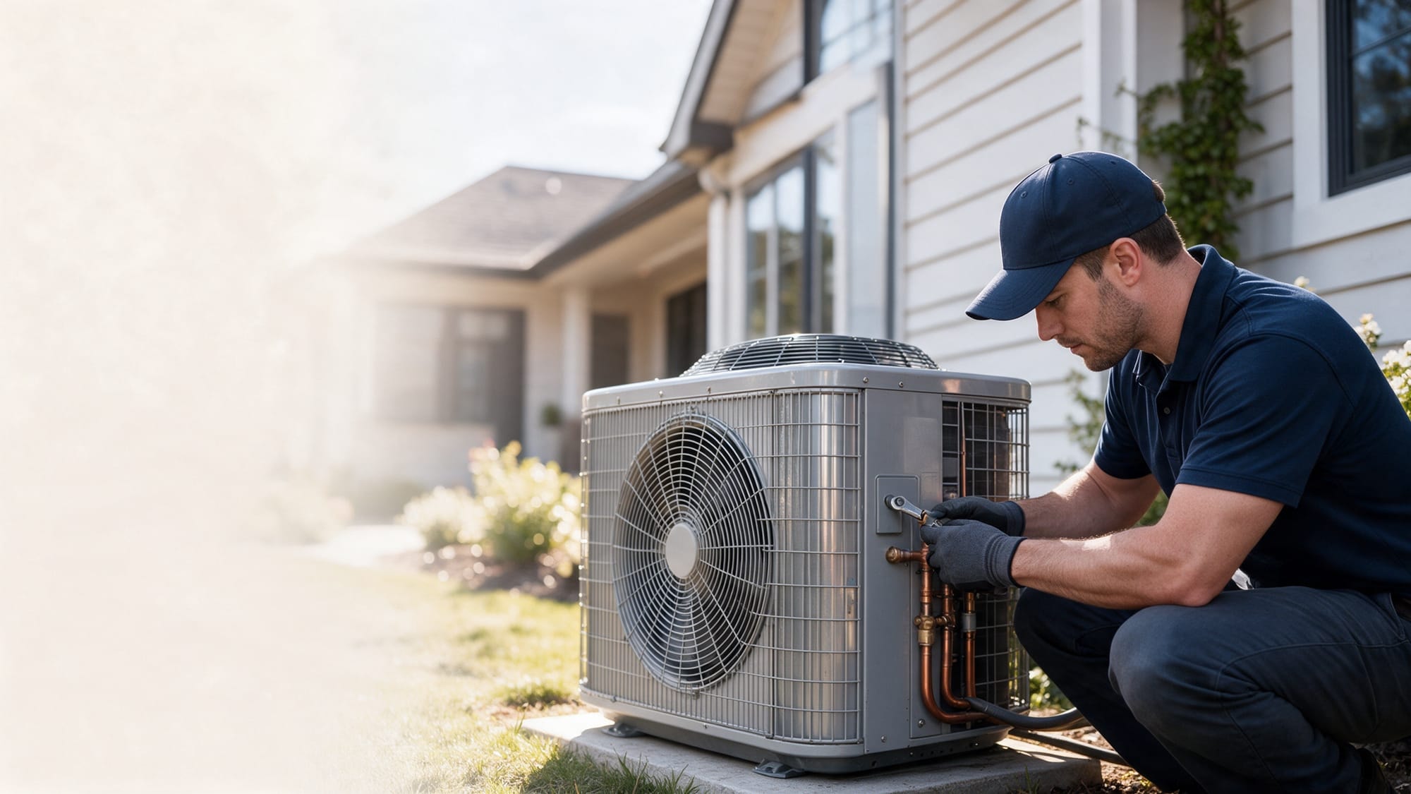 An HVAC technician servicing a residential outdoor air conditioning condenser beside a modern home