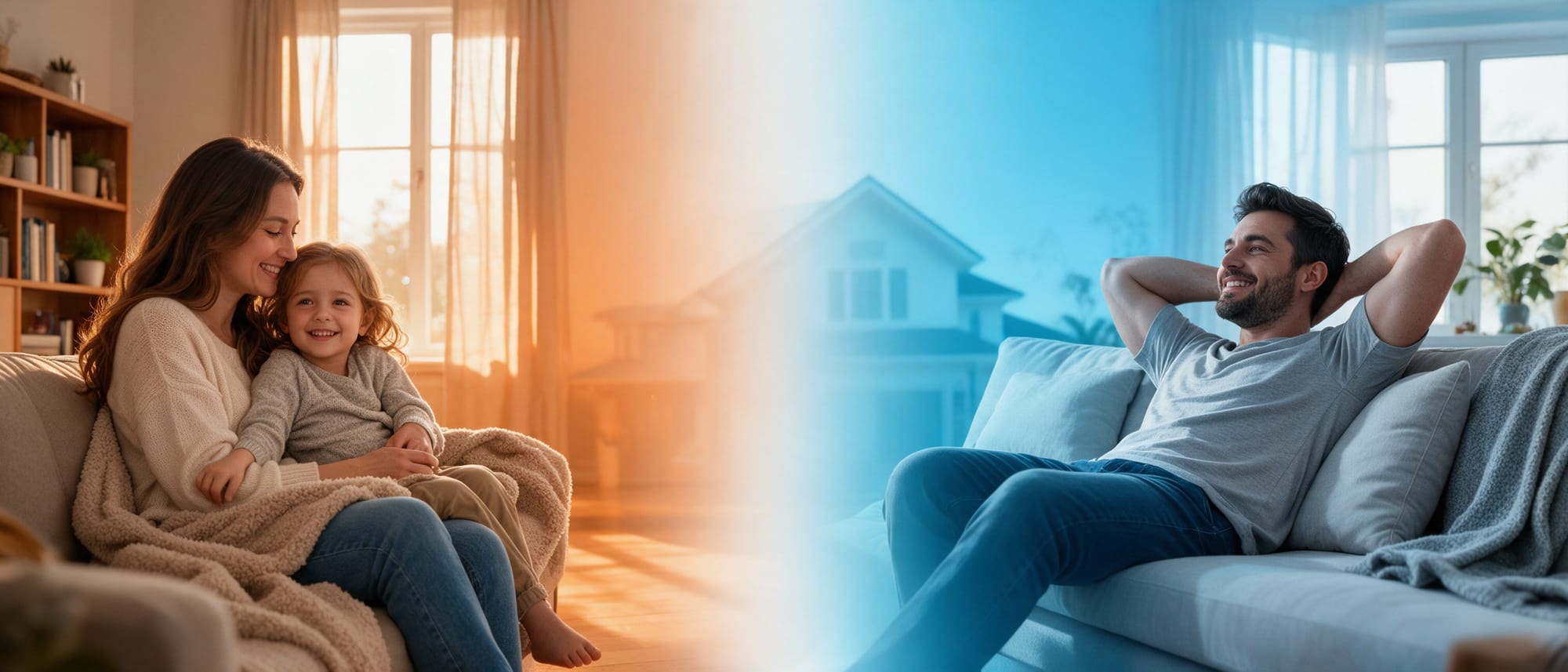 A family relaxing in a warm living room