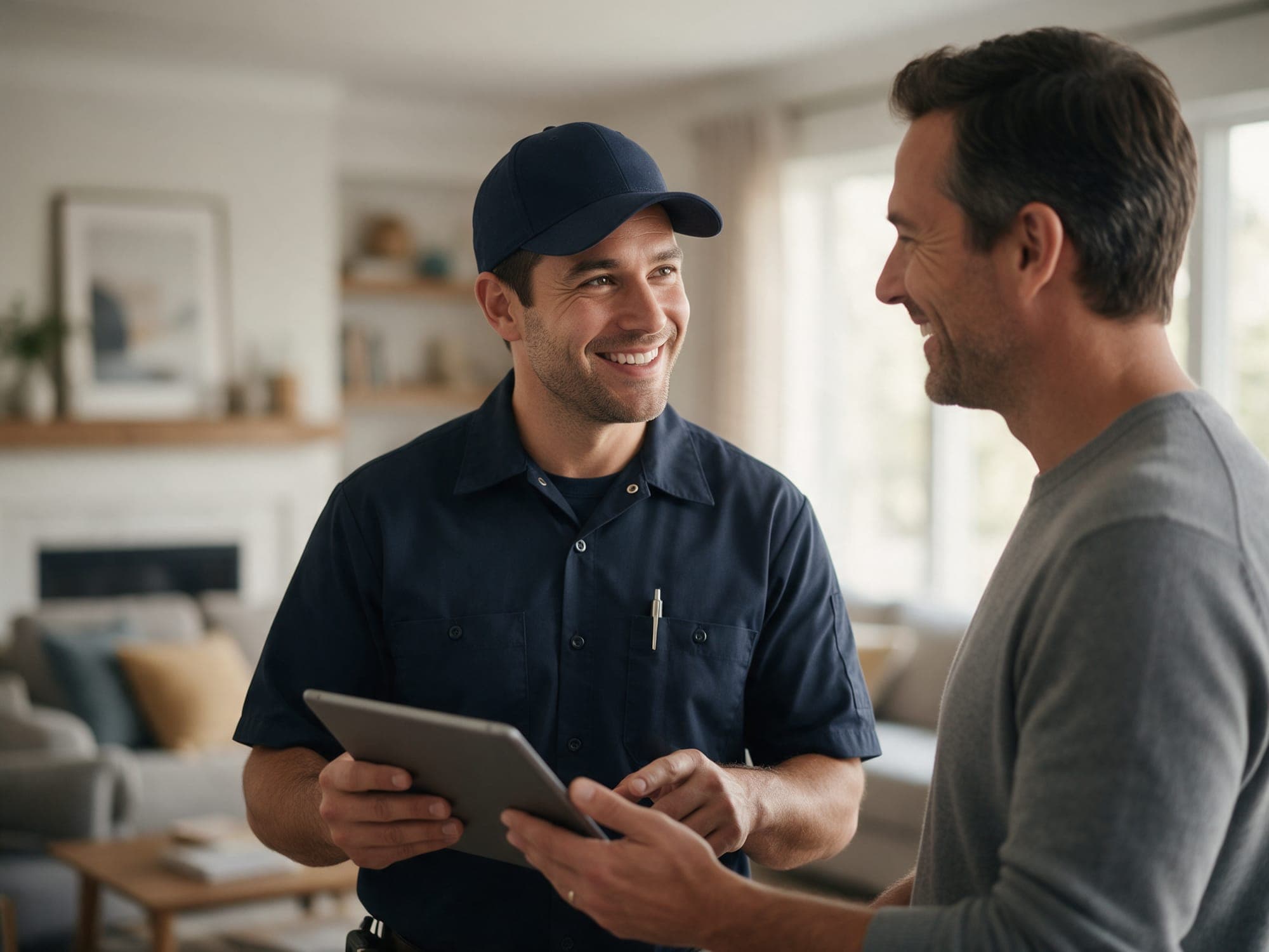 An HVAC technician talking with a homeowner about their home comfort needs