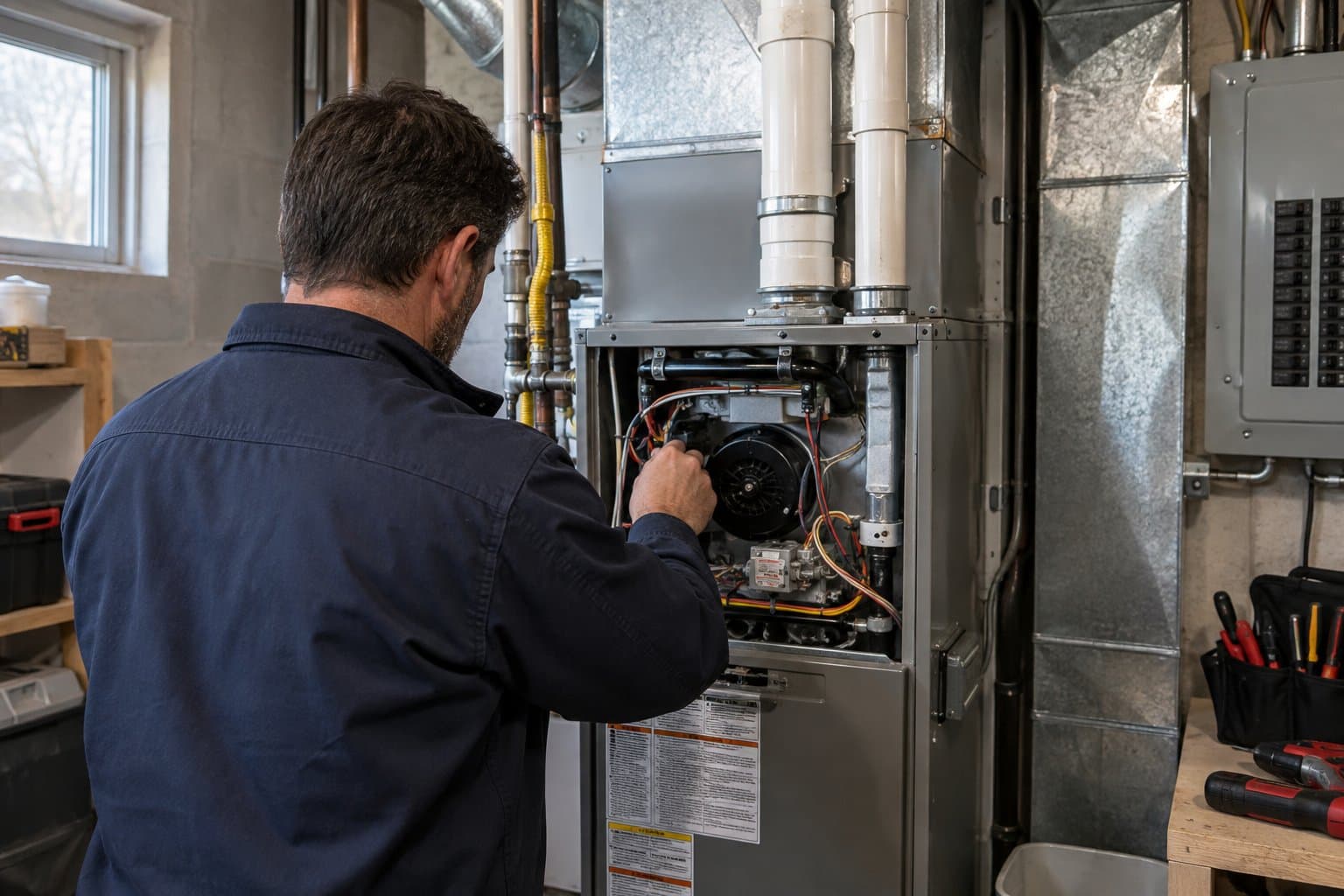 Technician inspecting home heating equipment